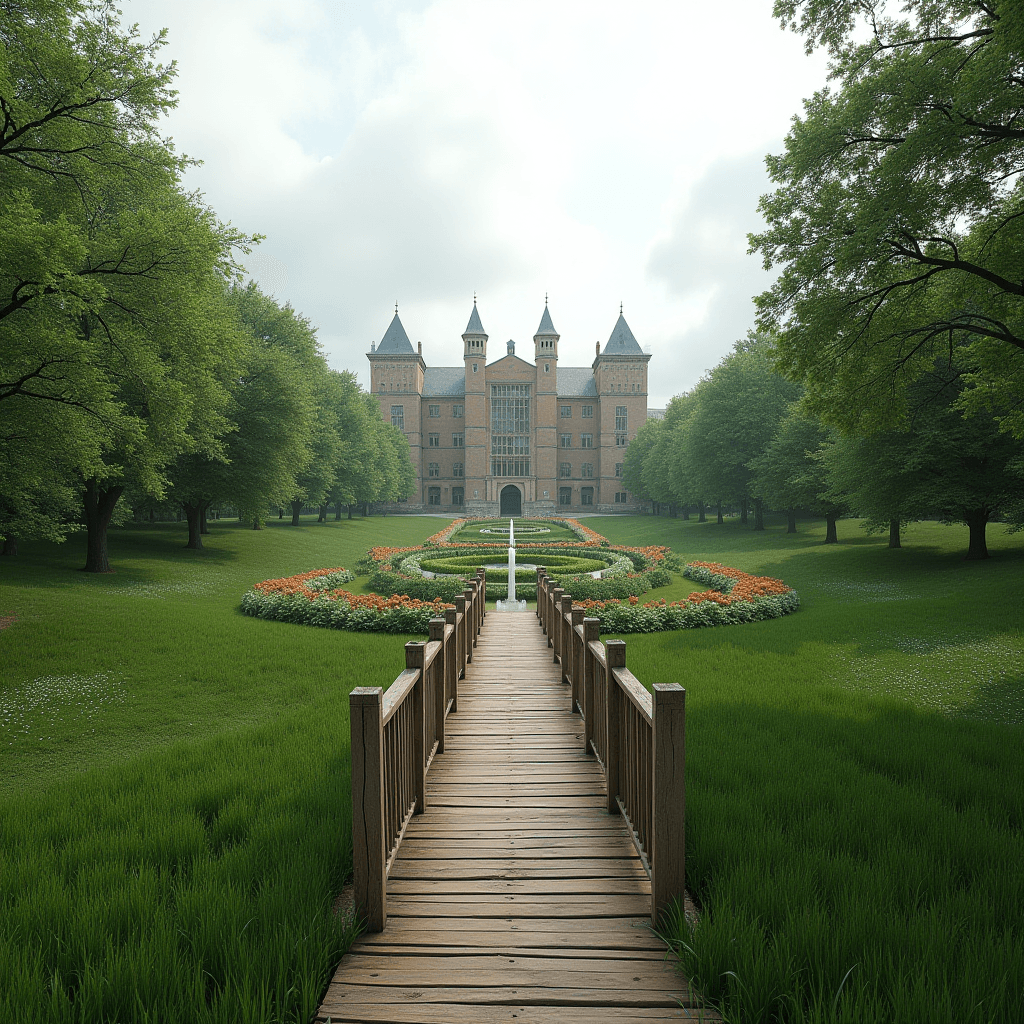 A serene garden pathway leads to an elegant castle surrounded by lush greenery and flowers.