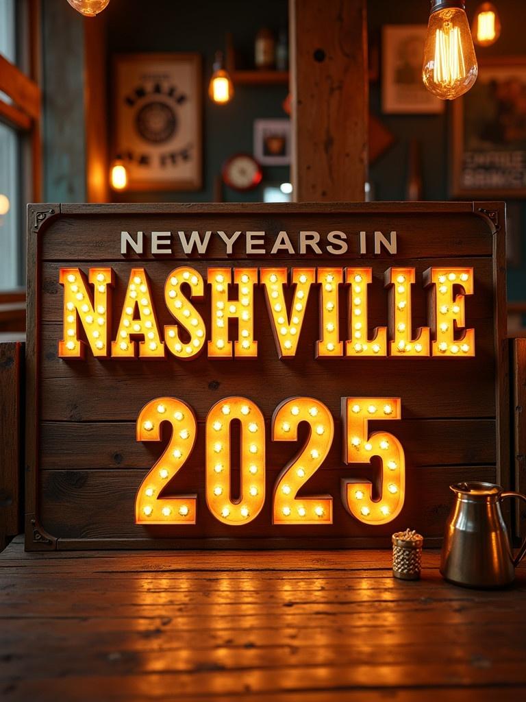 Rustic landscape view and saloon sign that states 'New Years in Nashville 2025'. The sign has letters styled with lightbulbs and a golden hue giving it a vintage appearance. Background features metal and wood textures with Nashville styled decorations, lights, and neon signs.