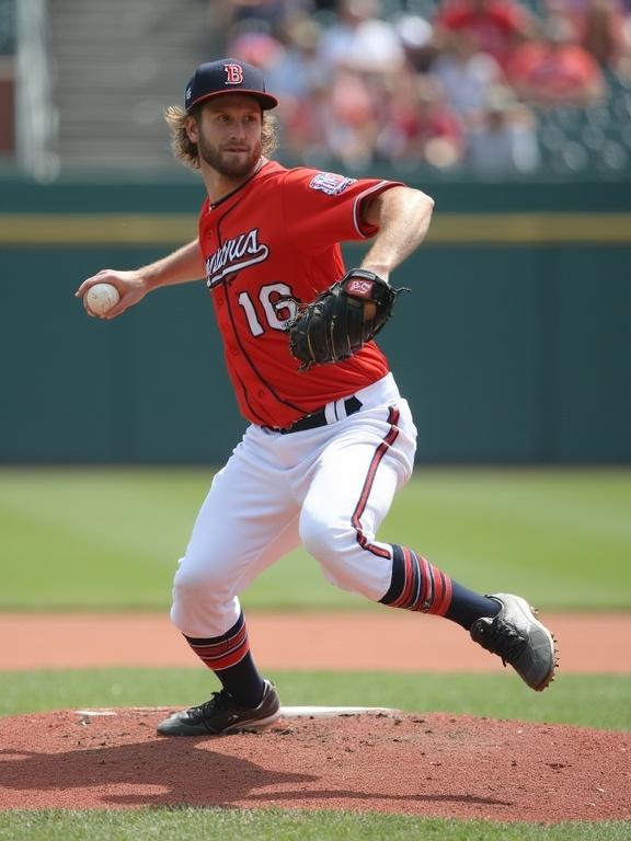 A baseball player wearing a red jersey and white pants is pitching. The player has a focused expression. The background shows a baseball stadium with fans in the stands. The pitcher is in mid-throw stance preparing to release the ball.