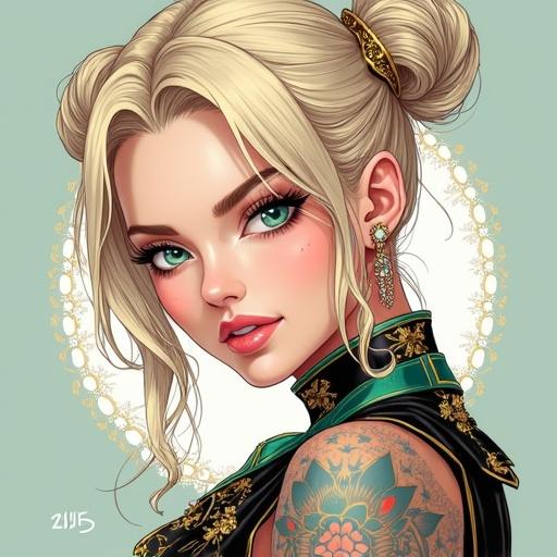 Futuristic and stylish portrait of a woman. Features emerald green eyes and beautiful face. Light blonde oversized French bun hairstyle with pink diamond jewelry. Half Japanese and half Saiyan mixed heritage. Wearing a glamorous outfit inspired by high fashion, showcasing tattoos and accessories.
