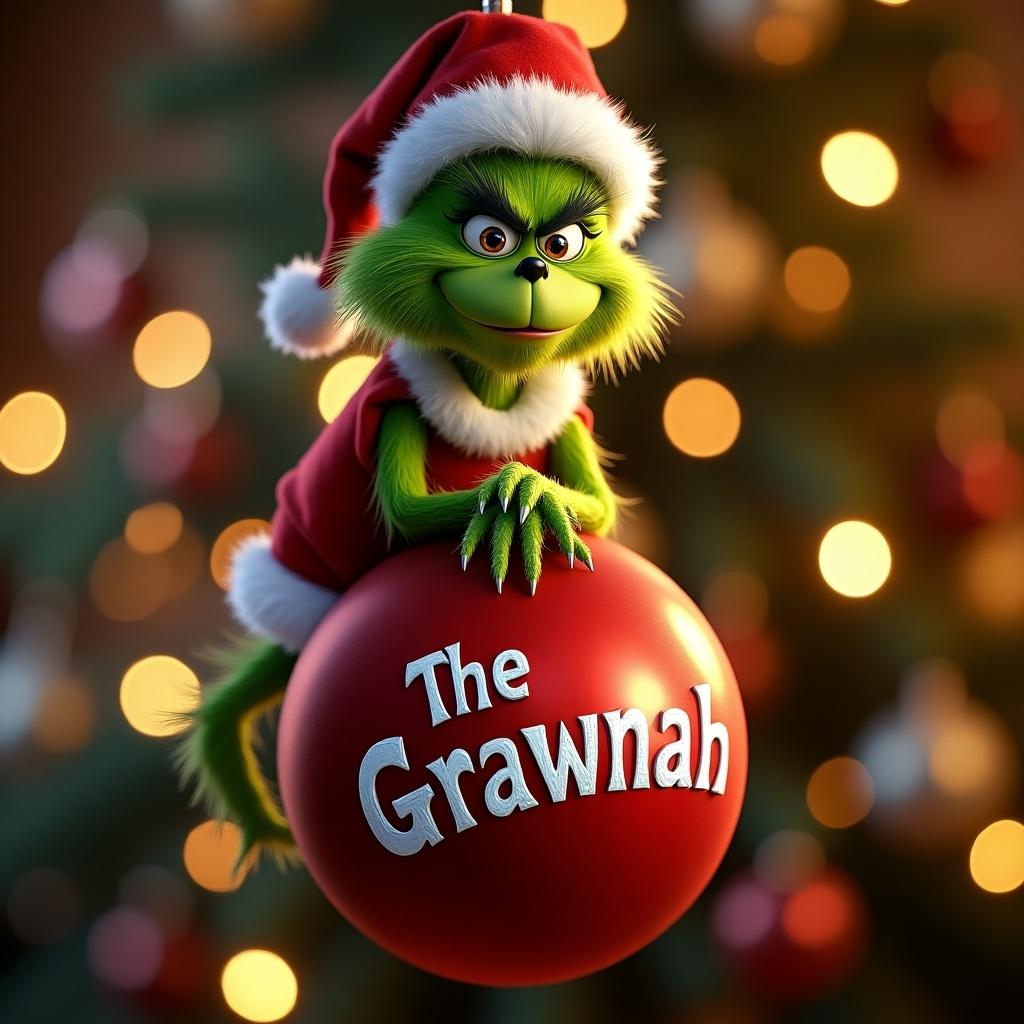 The Grinch in a Santa suit holding a red bauble. The bauble displays the words 'The Grawnah'. Background filled with soft Christmas lights and festive decorations.