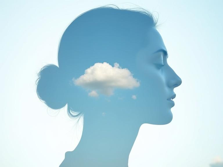 A double exposure image features a serene close-up of a woman's face, eyes closed. Inside her silhouette, there is a clear blue sky with a few clouds representing thoughts. This imagery symbolizes the concept that the mind is like a sky where thoughts drift peacefully.