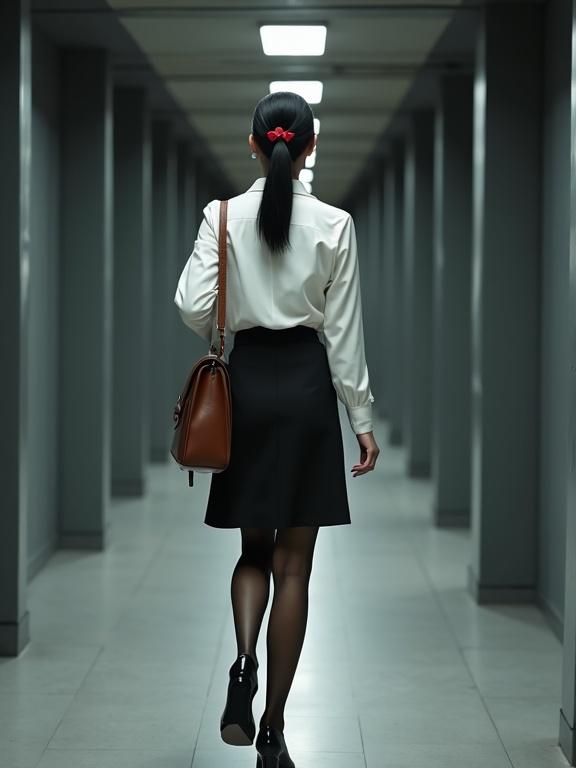 Full-body image features an East Asian female agent in an open-air building corridor. She has a jade-white figure and moves gracefully. The agent wears a crisp-white blouse and knee-length skirt. She has black pantyhose and closed-toe black heels with straps. Her hair is in a bun styled with a red bow. She carries a brown satchel. The corridors have dark-grey walls and a modern dim ambiance.
