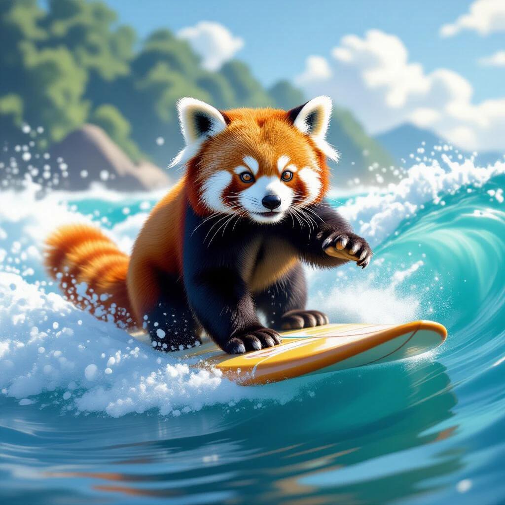 A red panda enjoys surfing on a vibrant wave in the ocean. The scene showcases the panda's playful nature. Bright sunlight highlights its fur against a blue sky and lush green hills. Water splashes around as it balances on a surfboard.