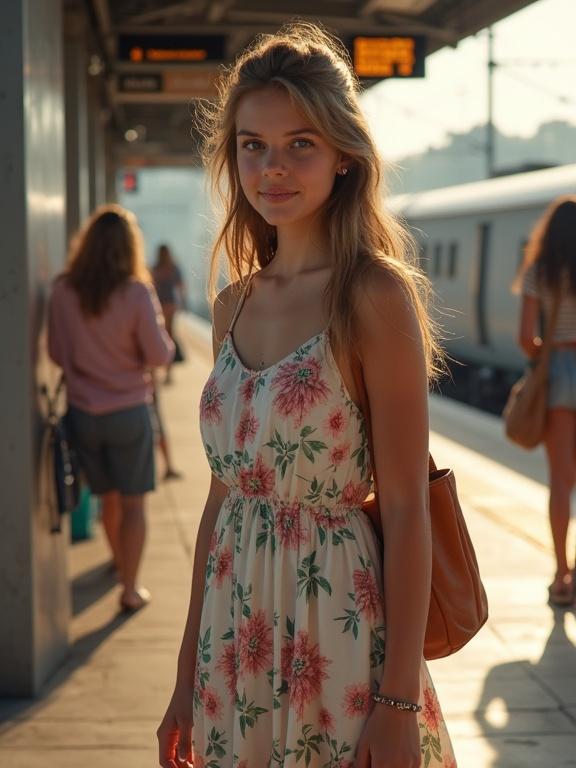 Teen girl in a floral sundress at a train station. Purchasing a ticket. Warm sunlight enhances the scene. Background features people in casual attire.