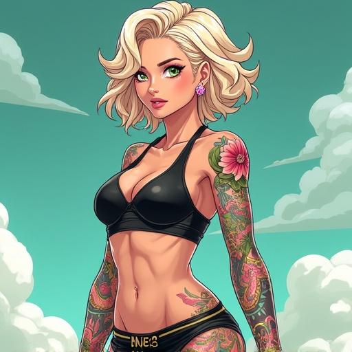 A futuristic anime woman with emerald green eyes and short light blonde hair. She has a muscular physique with tattoos, wearing modern athletic clothing. She looks like an A-list celebrity and has a cybernetic right leg. The scene evokes beauty and strength.