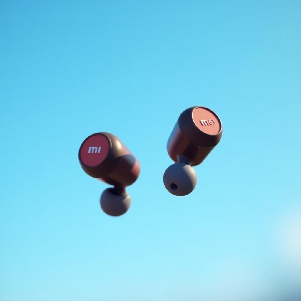 Redmi earbuds shown in mid-air against a clear blue sky. High resolution with vibrant color contrast.