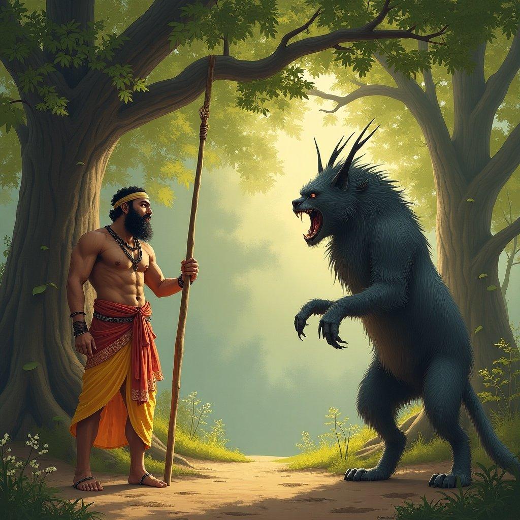 Close encounter between a king and a creature in a mystical forest. The king holds a staff, displaying courage. The creature appears fierce and menacing. The setting is lush with trees, conveying a magical atmosphere.