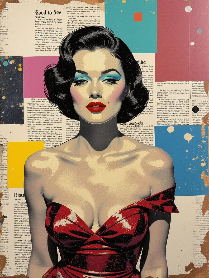 Glamorous depiction of a woman in a stylish red dress against a colorful collage background. The image merges elements reminiscent of Warhol and Matisse. Features a mix of textures and contemporary digital techniques. Close up view emphasizes intricate details and colorful layers.