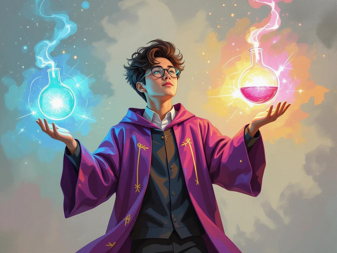 A young scientist in a neon wizard robe. Floating in midair holding two potion bottles. One bottle emits blue smoke and the other emits yellow smoke. The character is centered in the image using the rule of thirds. Oil painting style with vibrant colors.