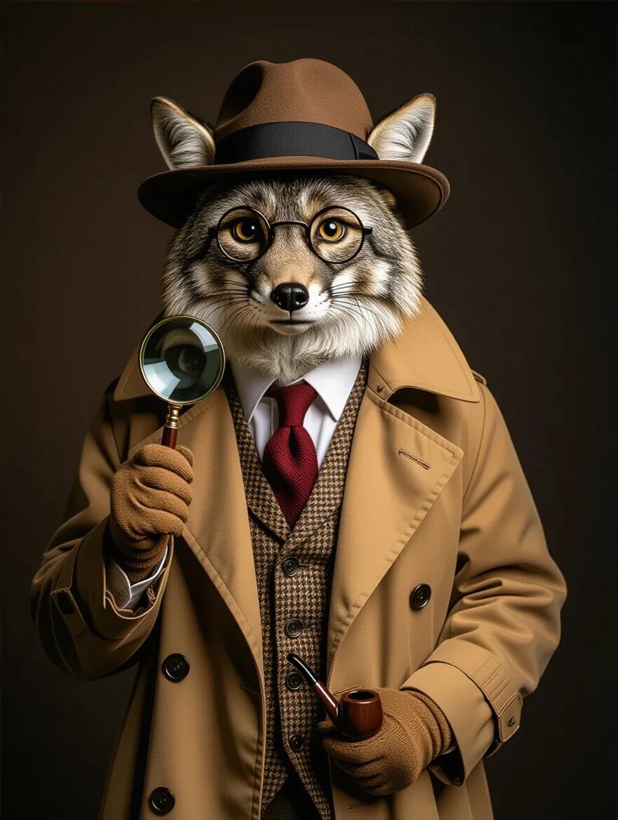 Full-body portrait of an anthropomorphic animal dressed as a vintage detective. Character wears a classic detective outfit, including a trench coat, vest, tie, and fedora. Holds a magnifying glass. Stands against a moody background. Highly detailed fur, cinematic lighting, ultra-realistic appearance. Vertical orientation with shallow depth of field.