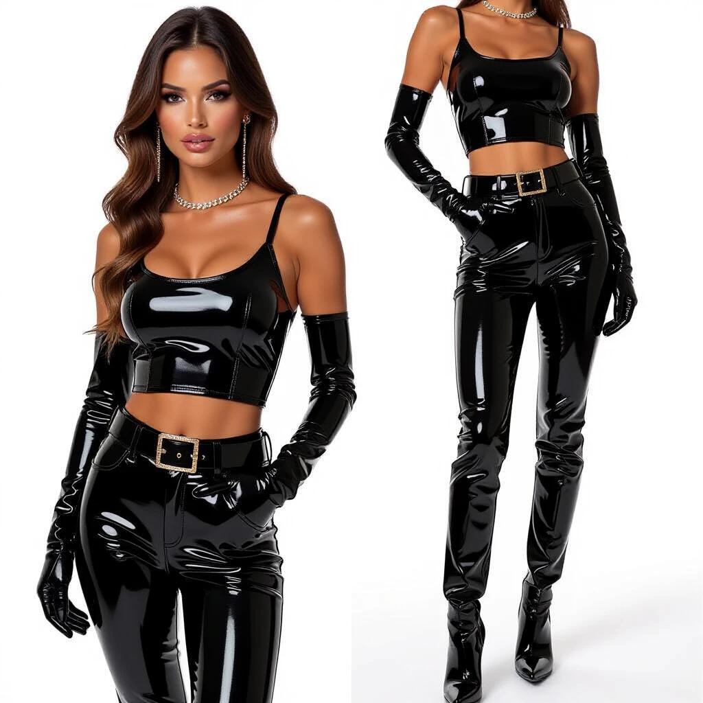A full-length image of a woman wearing shiny latex fitted pants. She wears a black leather belt. The outfit includes high leather heeled boots. Accessories include long earrings, bracelets on both arms, and a long necklace. The background is white. She is standing and looking at the camera with long gloves on.