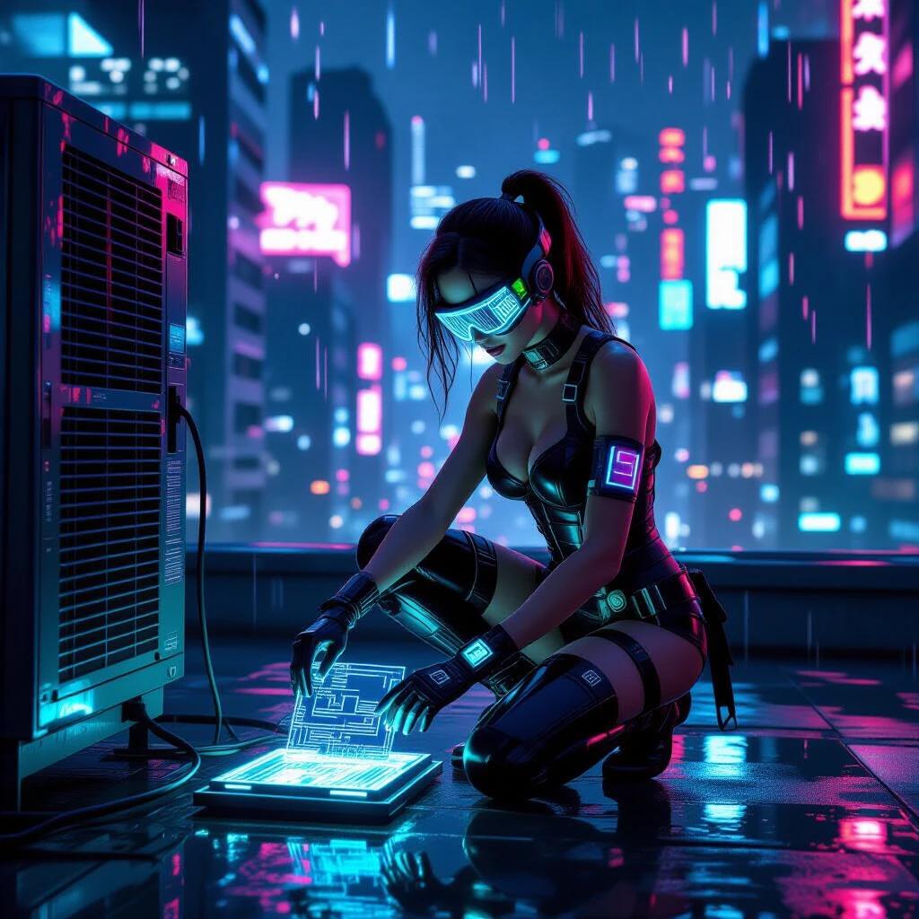 Female scavenger crouches on a rain-soaked rooftop. High-rise cyberpunk city skyline serves as a background. Wears a matte nanoweave corset. Lifts a glowing circuit board. Holo-watch projects floating files. A drone hovers nearby illuminating the board. City lights sparkle in the rain. Neon signs and reflections create a vibrant atmosphere. Photorealistic style with a blend of muted steel and magenta colors.