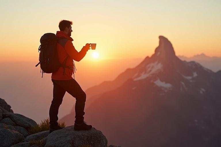 An athlete stands on a mountain top at sunrise. He brews espresso using a portable machine. Coffee flows into a cup. He smiles while lifting the cup. Inspirational message included.