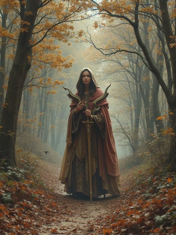 A mystical character standing in a forest path surrounded by autumn leaves. The character wears a flowing robe and holds a staff with snakes. The atmosphere is ethereal and magical, enhanced by soft lighting through the trees.