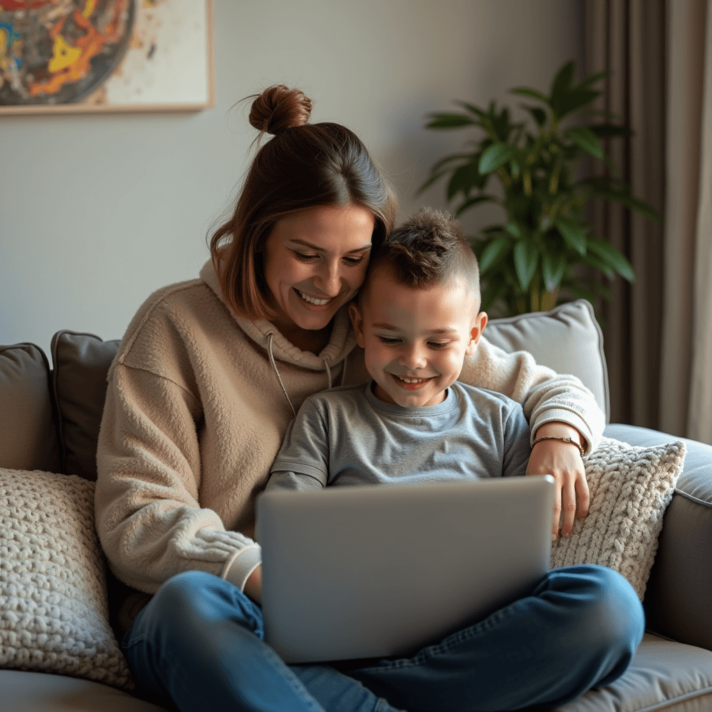 A woman and a boy are sitting together on a couch looking at a laptop, smiling.