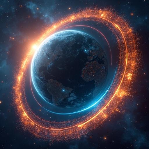 A planet surrounded by colorful rings in space. A humanoid robot interacts with its mechanical hand. Earrings are crystal shaped runes that change colors.