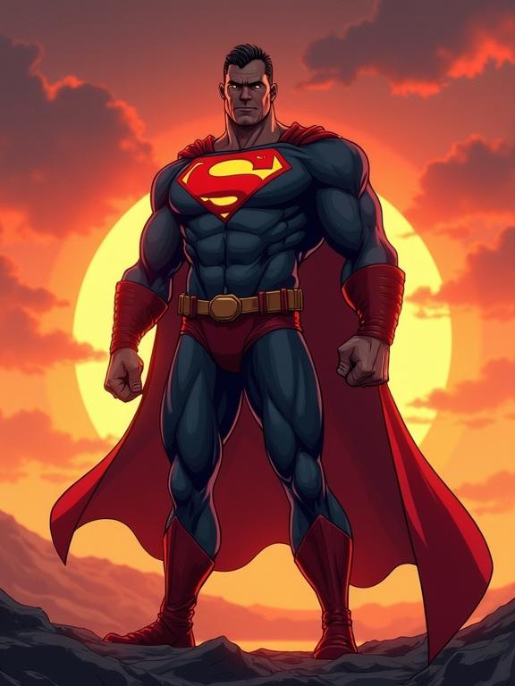 A powerful superhero stands confidently at sunset. Costume is slightly torn. He has a muscular build and glowing eyes. The lighting is cinematic with deep shadows. The style resembles hyper-detailed rotoscope-inspired realism. The artwork has thick comic-style linework. The atmosphere is dramatic and gritty, typical of graphic novels. Superhero is in a heroic pose with matte textures.