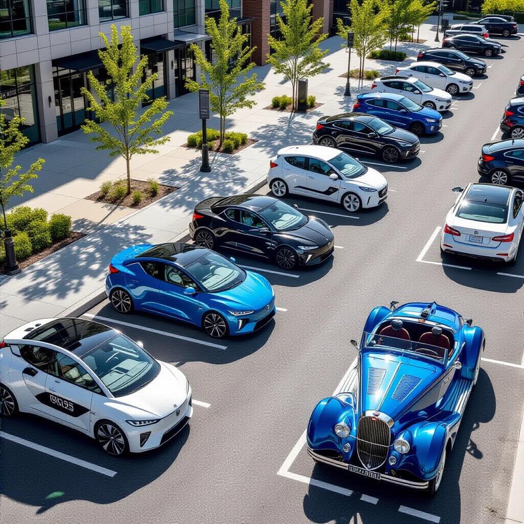 Photorealistic image of a parking lot scene in Waterloo city. Street features cars parked at a 45-degree angle. Modern self-driving pods in extreme bokeh in the foreground. Transitional focus gradient in midground. A crystal-sharp vintage Bugatti T35 in French Racing Blue parked at the end of the row. Ultra sharp details on the Bugatti with hand-riveted aluminum body, chrome wire wheels, leather-strapped bonnet, and brass 'Bugatti' emblem. Contrast between vintage and modern elements. Twilight lighting with reflections from light rain.