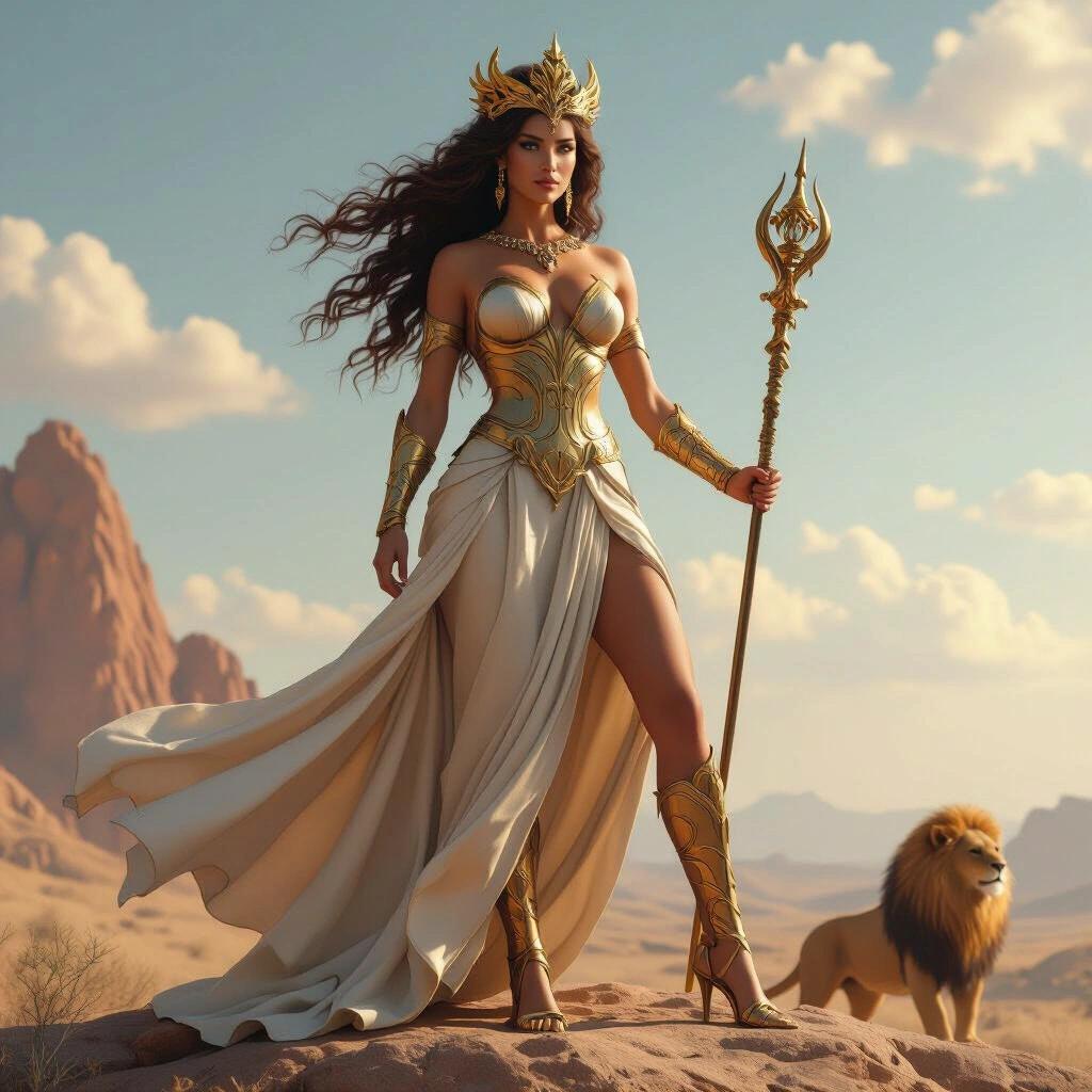 An imposing female figure inspired by the sign of Leo. She stands proud and majestic in a sculptural dress that showcases strength and sensuality. Her long, wavy hair resembles a lioness's mane. She wears a crown with golden claw details and antiqued gold armor adorned with lion reliefs. Positioned on a raised rock, her pose is dominant with one leg and chest forward. She holds a scepter with a lion's head and magical golden flames in her hand. Background displays warm tones of gold, oranges, and reds.