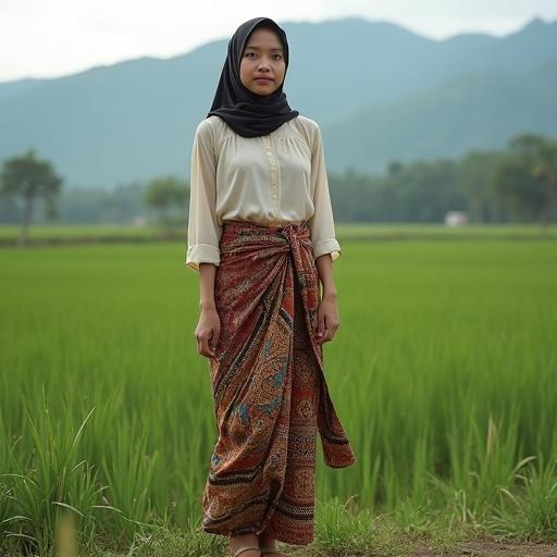 A Javanese woman stands in rice fields. She is wearing traditional batik sarong and blouse. A hijab drapes casually. Full body portrait. Background features mountains and greenery. Natural lighting showcases her appearance.