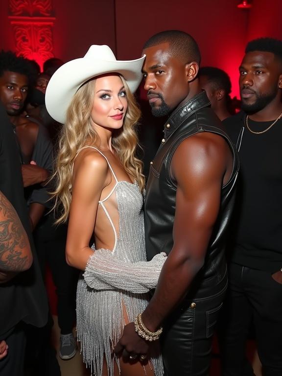 Eighteen year old singer Taylor Swift attends an awards show after party. She has long light blonde curly hair and wears a sparkly silver fringe dress with cowboy boots and a white cowboy hat. A prominent black rapper in a leather vest stands closely beside her. They pose together amidst a crowd. The atmosphere is lively with bright red lighting.