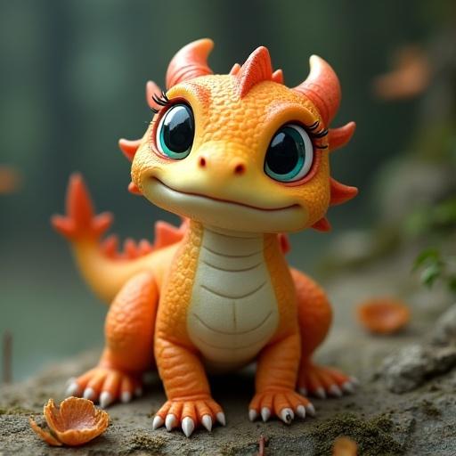A cute dragon with big eyes and an orange body posed on a rock surrounded by leaves. The dragon has small horns and a friendly smile. Soft light highlights the features beautifully.