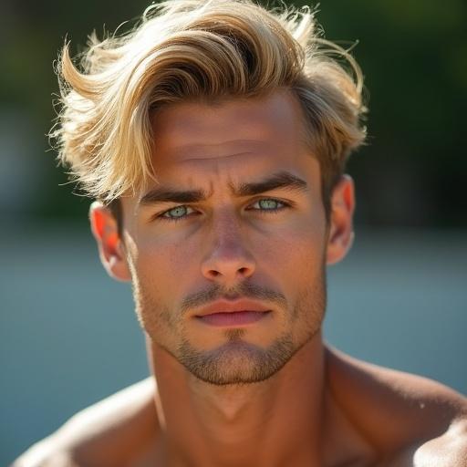 A professional medium close up hyperrealistic image of a handsome muscular young man with tousled blonde hair and tan skin. He has piercing blue eyes. The background is blurred to focus on his face. He has a diamond-shaped face with sharp symmetry, high cheekbones, defined jawline, and neat stubble. His deep-set eyes are framed by low-set brows. He possesses a muscular physique with broad shoulders. His thick, golden-blonde hair is styled in soft layered waves with loose strands on one side.