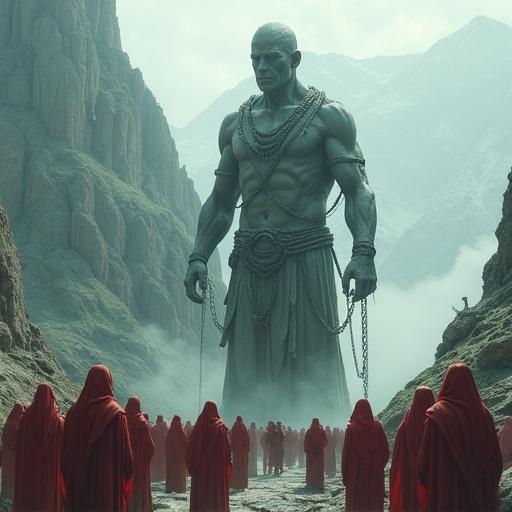 A gigantic humanoid statue bound in chains to a mountain is being worshipped by a group of red-robed worshippers. The scene captures the awe and reverence of the worshippers in a vibrant fantasy world.
