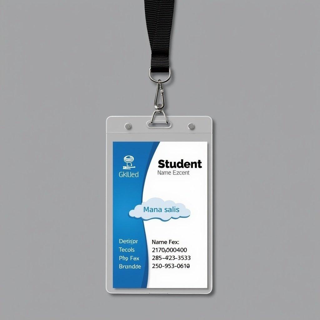 Image shows a student ID card with blue and white design. Card includes name and ID number. Card has a lanyard for easy carrying.