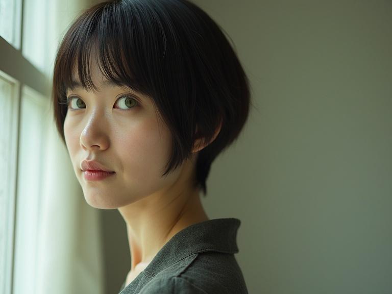 Portrait of a female with short straight hair. She has green eyes and a gentle expression. Natural light highlights her features. The photograph captures her in a side view from a distance. Soft background enhances the focus on her profile.