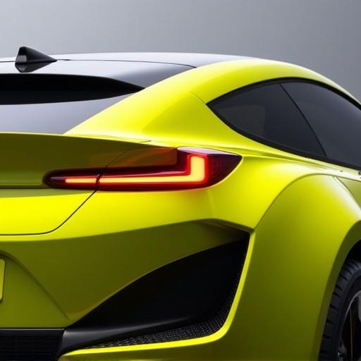 A close-up view of the rear exterior design of a bright yellow sports car. The car features unique lighting design with sequential turn signals resembling electric arcs. The short overhangs emphasize its balanced weight distribution. An integrated spoiler adds to its aerodynamic design.