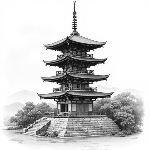 Image of a five-story wooden pagoda showcasing curved roofs and intricate supports. Pagoda on a stone base surrounded by trees and mountains in the background. Detailed drawing highlighting architectural features.