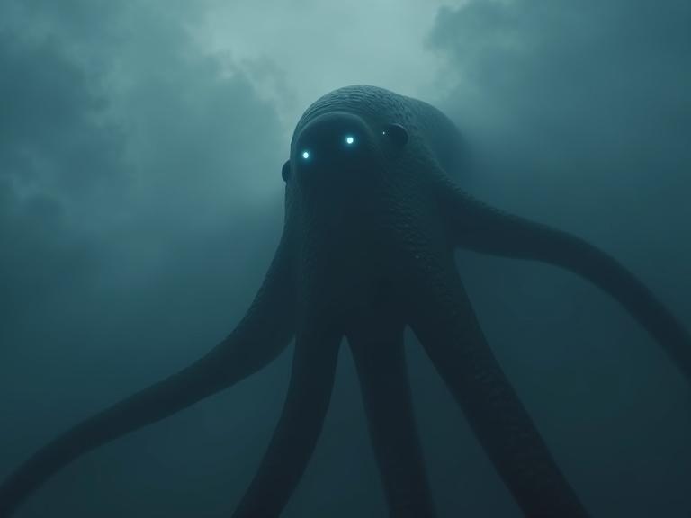 Create a dark cinematic scene looking up at a massive sleek tentacle creature surrounded by fog. Emphasize realism with soft reflections, specular lighting and shadows. Include glowing eyes and a dark blue filter.