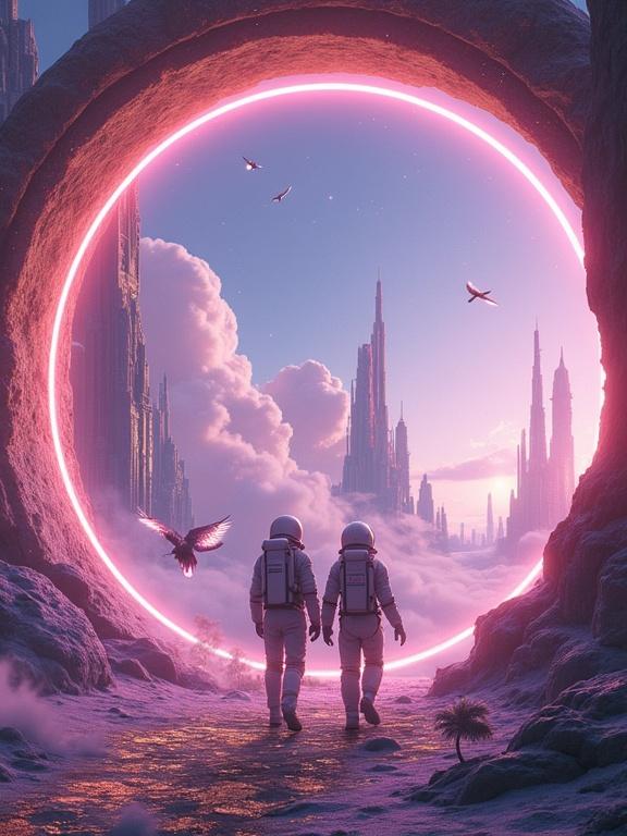 Two astronauts step into a teleportation archway with swirling pink and gold energy. A futuristic city with crystalline towers floats above violet clouds. Mechanical birds with plasma feathers accompany them on their journey.