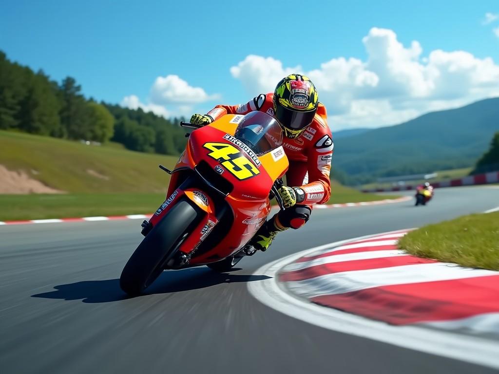 A motorcyclist in full racing gear speedily leaning into a curve on a race track, surrounded by lush green hills and blue sky with fluffy clouds, another racer seen in the distance.