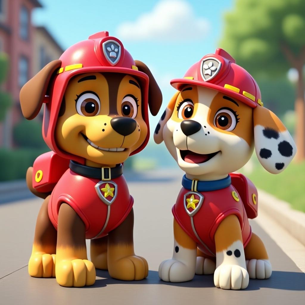 Colorful and cheerful dog characters from a children's show. Distinctive fireman uniforms. Enthusiastic expressions. Friendly interaction between characters.