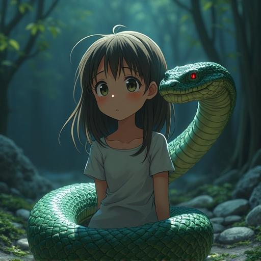 A frightened girl is coiled tightly by a snake in a forest. Anime style depicting tension.
