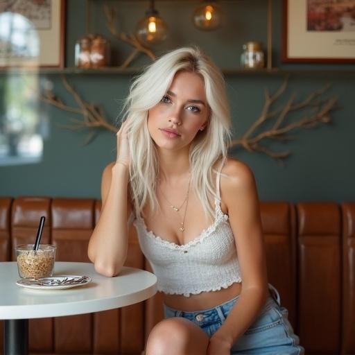 A woman with white hair wearing a top and shorts sits in a cafe. The decor includes soft colors and natural lighting. She is looking stylish and relaxed while sipping a drink.