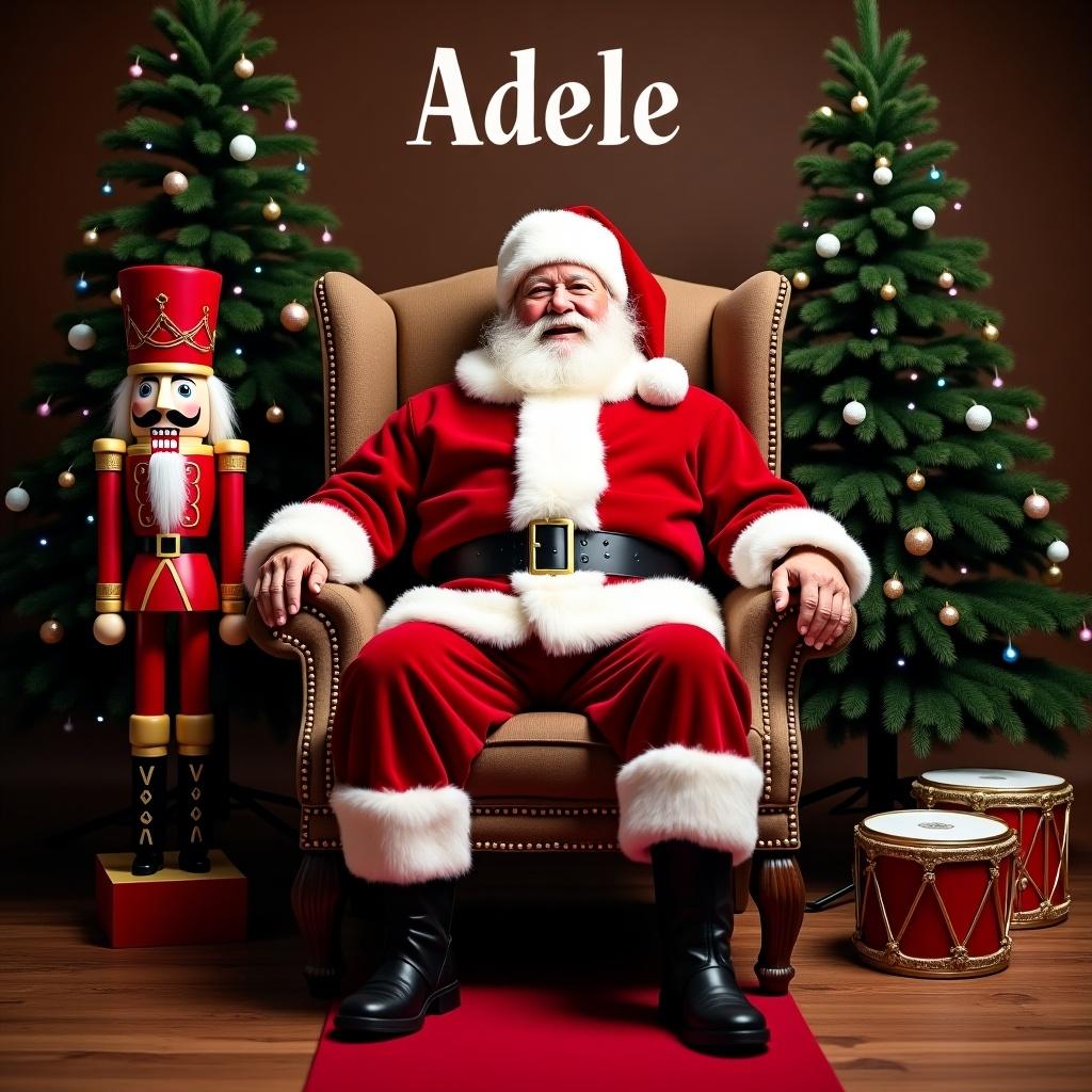 Santa Claus seated in a regal chair dressed in red suit with white beard and black boots. He is jolly. Beside him is a nutcracker soldier. Plush Christmas trees are in the background. A red carpet leads to Santa. Traditional drum decorations sit nearby. The setting is warm and inviting for the holiday season. The name 'Adele' is floating above Santa.