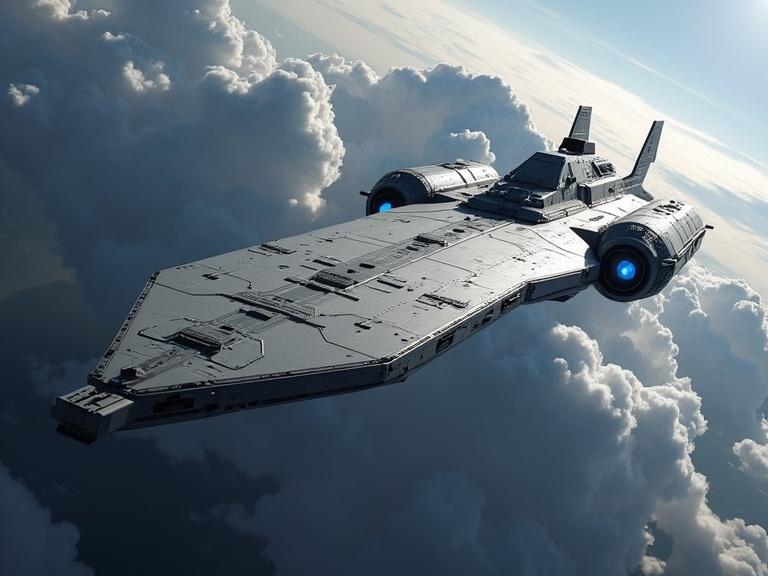 Detailed image of a military sleek starship with a long grey flat wide rectangular body. Blue engines visible in the troposphere. Realism with intricate details, textures, and shadows in 4K.