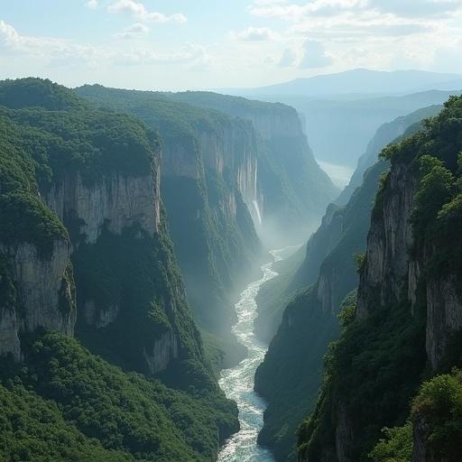 Aerial view of Angel Falls in Venezuela depicting lush greenery and a flowing river through a canyon.