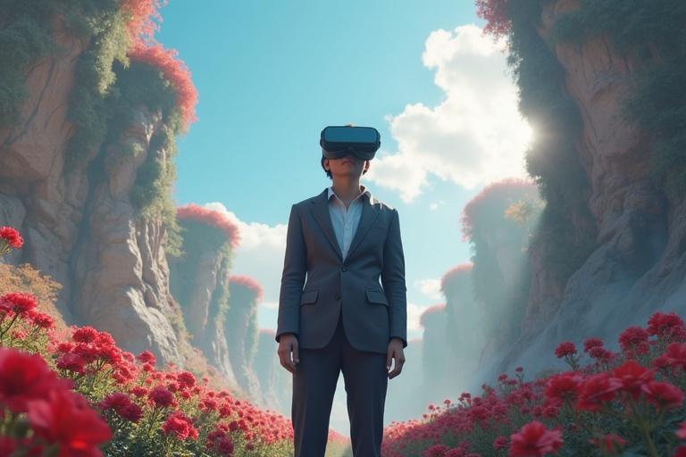 A person stands in a fantasy world. The person wears VR goggles. The environment features red flowers and cliffs. The sky is clear with clouds. Bright and vibrant colors are present.