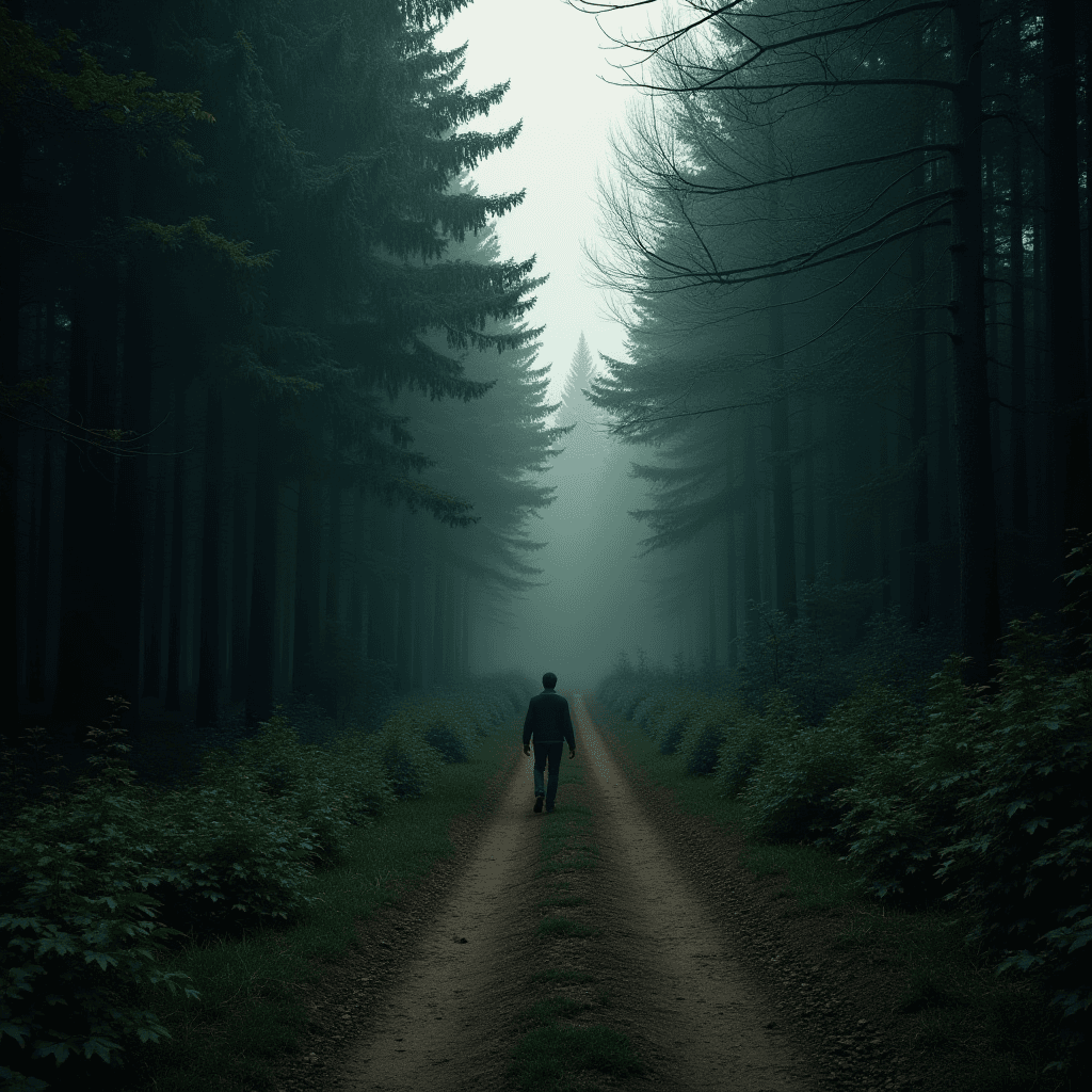 A person walks down a foggy path surrounded by tall, dark trees.