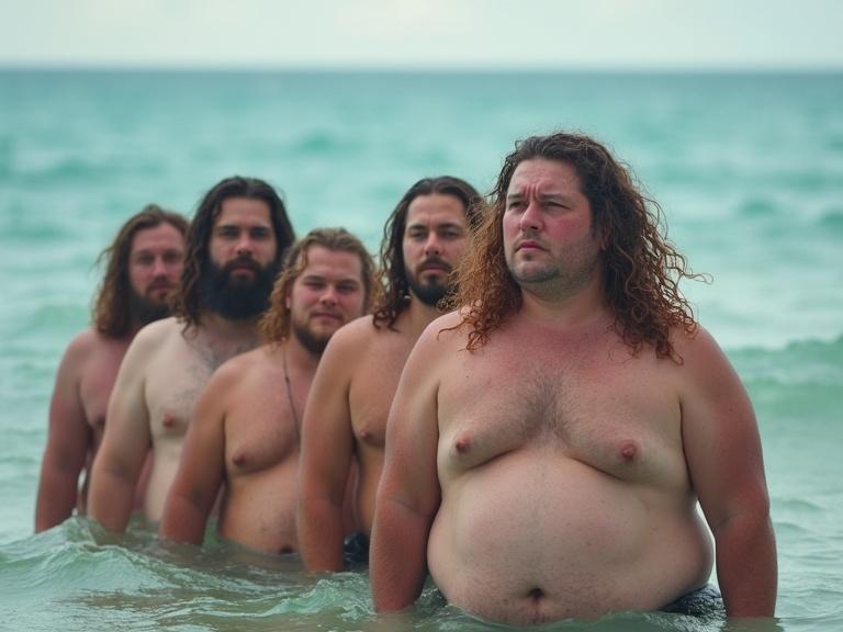 Group of young adult men standing in the ocean. All have colorful long hair and smooth bodies. The setting is a beach. The men are visible from waist up. They appear confident and relaxed in the water.