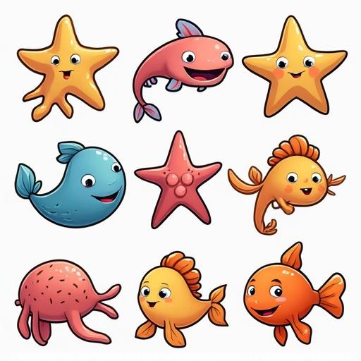 Design a collection of cliparts featuring various cheerful sea creatures. Include characters like fish, octopus, and starfish. Use bright and engaging colors.