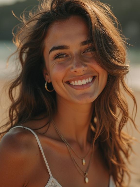 Mother shows confidence and beauty. She has long hair and is wearing necklaces. The photo is taken at a beach setting during daylight.