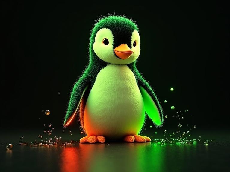 High contrast neon green and orange colors with an adorable 3D penguin on a dark background. Penguin appears lively and engaging with playful features. Colorful design attracts attention.