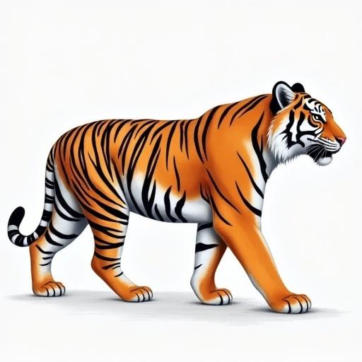 Illustration of a full-sized tiger in a side view walking pose. Show vibrant orange and black stripes with a realistic appearance. Capture the strength and grace of the animal in the depiction.