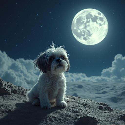 A Shih Tzu dog standing on the moon's surface under a bright full moon with fluffy clouds in the background